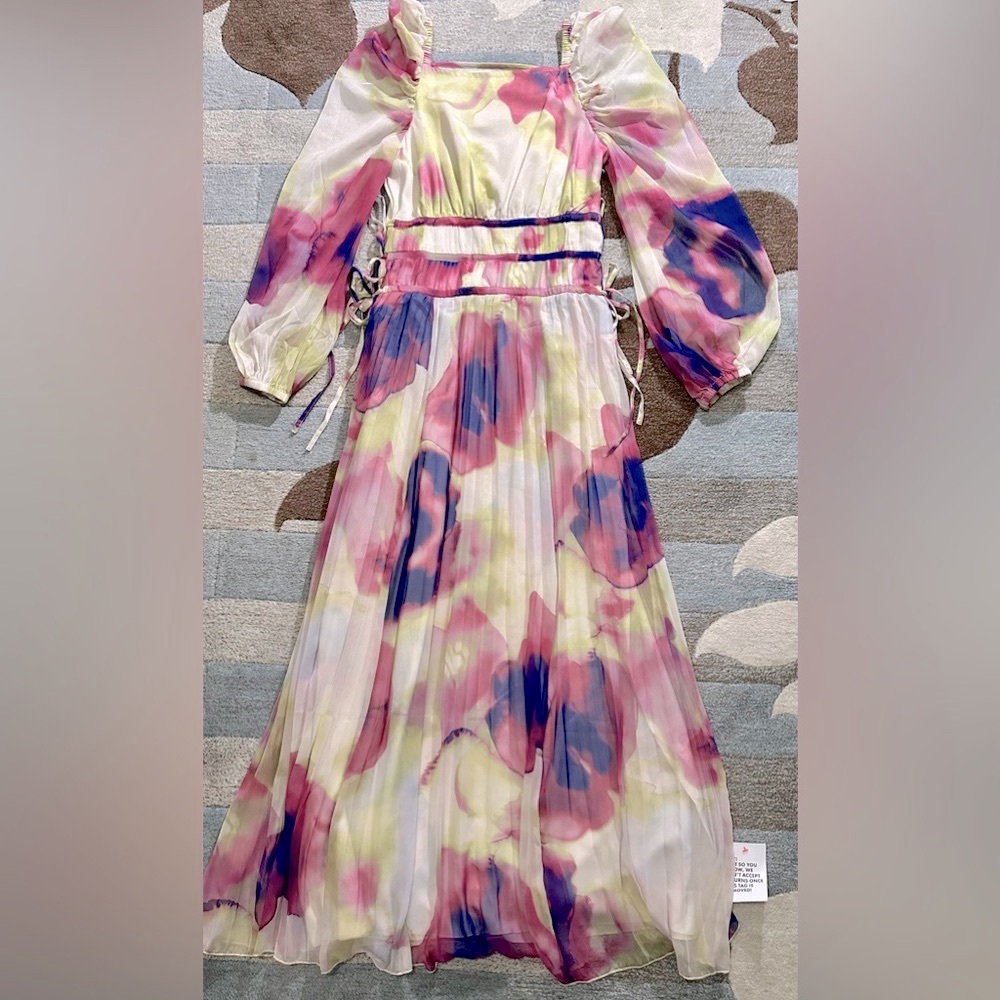 ASOS DESIGN Long Sleeve Pleated Drawstring Bodice Maxi Dress Watercolor Chiffon - Picture 7 of 10